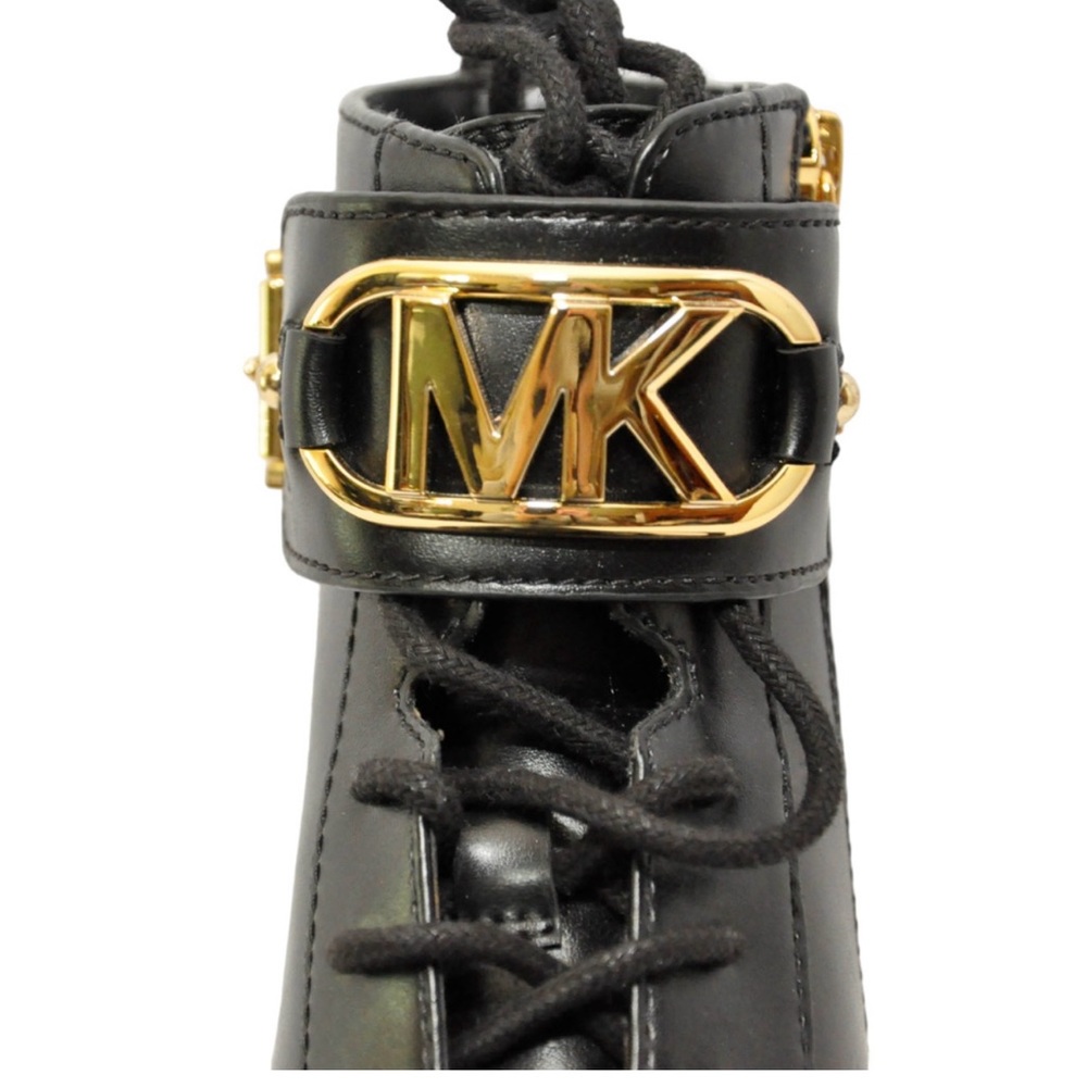 SIZE 10 Michael Kors Kincaid Leather Combat Boot Lace Up Bootie Blk/Gold - Picture 3 of 6